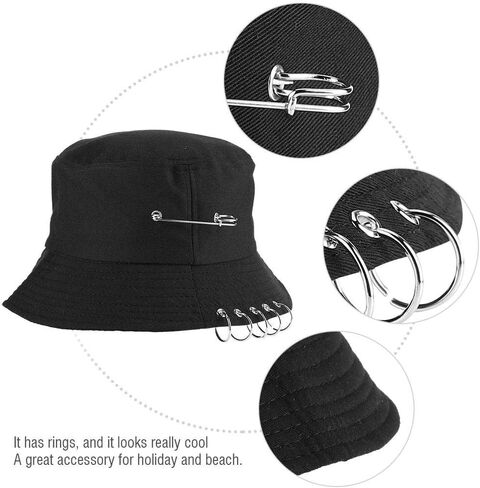 Chic Unisex Bucket Hat Sunhat Five Ring, Safety Pin Piercing Decorations Bucket Hat Packable Beach Sun Hat for Womens Men Black in Saudi Arabia