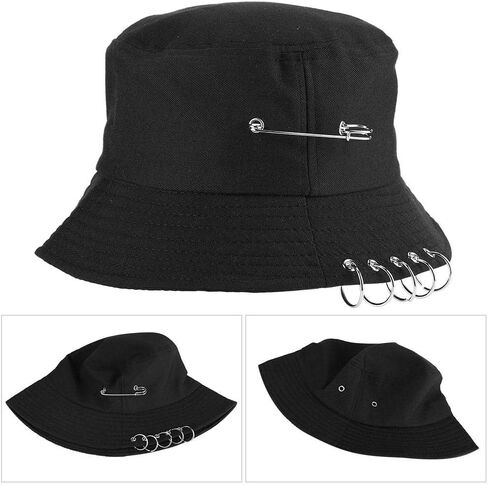 Chic Unisex Bucket Hat Sunhat Five Ring, Safety Pin Piercing Decorations Bucket Hat Packable Beach Sun Hat for Womens Men Black in Saudi Arabia
