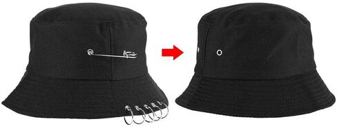 Chic Unisex Bucket Hat Sunhat Five Ring, Safety Pin Piercing Decorations Bucket Hat Packable Beach Sun Hat for Womens Men Black in Saudi Arabia