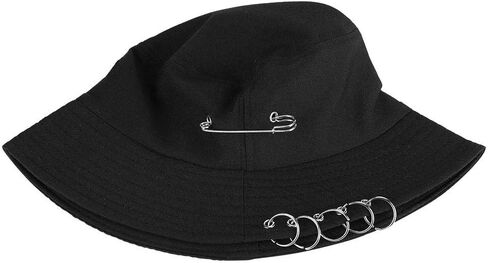Chic Unisex Bucket Hat Sunhat Five Ring, Safety Pin Piercing Decorations Bucket Hat Packable Beach Sun Hat for Womens Men Black in Saudi Arabia