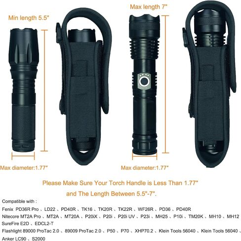 DIHOOTL Flashlight Holster, Tactical Molle Flashlight Holder Pouch with Stretchy Safety Tether Suitable for 5.5"-7" Flashlights Black in Saudi Arabia