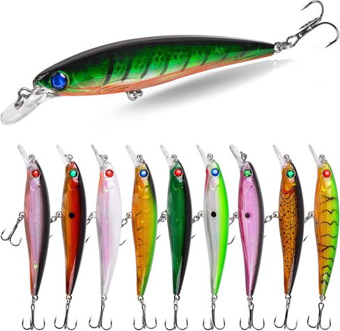 Crankbait Minnow Fishing Lures,10pcs Topwater Lure with Treble Hooks Hard Baits Swimbaits 3D Fishing Eyes Life-Like Bass Crank Bait for Trout Bass Perch Fishing in Kuwait