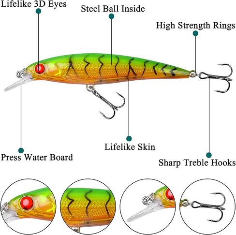 Crankbait Minnow Fishing Lures,10pcs Topwater Lure with Treble Hooks Hard Baits Swimbaits 3D Fishing Eyes Life-Like Bass Crank Bait for Trout Bass Perch Fishing in Kuwait
