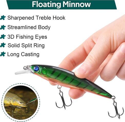 Crankbait Minnow Fishing Lures,10pcs Topwater Lure with Treble Hooks Hard Baits Swimbaits 3D Fishing Eyes Life-Like Bass Crank Bait for Trout Bass Perch Fishing in Kuwait