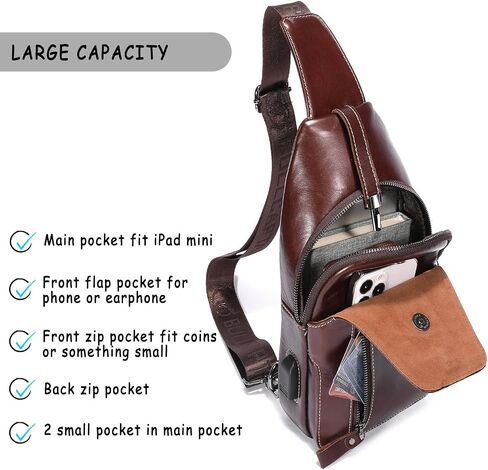 Cross Body Bag Genuine Leather Sling Bags for Men Shoulder Bag with USB Charging Port Backpack for Travel in Saudi Arabia