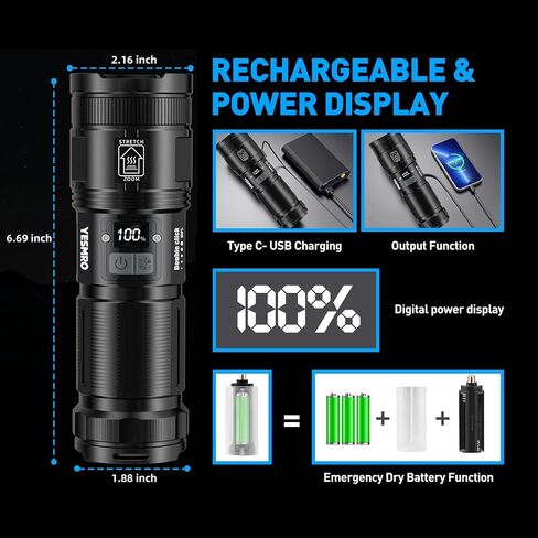 Rechargeable Flashlights 900000 High Lumens,Super Bright 12 Hours Long Life 8 Modes Powerful Tactical Flashlight with 9000 ɱAh Capacity,IPX6 Waterproof Flash Light for Emergencie in Saudi Arabia