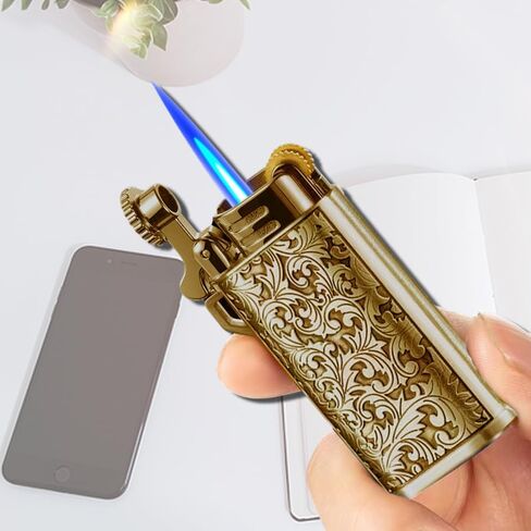 Butane Lighter,Grinding Wheel Ignition,Refillable Adjustable Windproof Lighter,Vintage Floral Stamped,Torch Lighters,Portable Funny Personality Compact,Men Gift(No Gas) (Gold) in Saudi Arabia