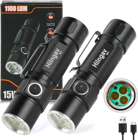 Small Rechargeable Flashlight USB C, High 1100 Lumen LED Flashlight, 5 Modes Handheld Flashlights with Pocket Clip for Outdoor Rescue, Dog Walking, Hiking and Gifts for Men (2 Pack) in Saudi Arabia