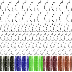 130Pcs 6 Sizes Fishing Hooks Assortment Set with Soft Plastic Worms Crawfish, 1 1/0 2/0 3/0 4/0 5/0 4X High Carbon Steel Strong Rig Jig Offset Fish Hooks for Bass Trout Saltwater Freshwater