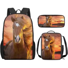 Horse Personalized Backpack 17 Inch Bookbags Vintage with Lunchbag and Pencil Case