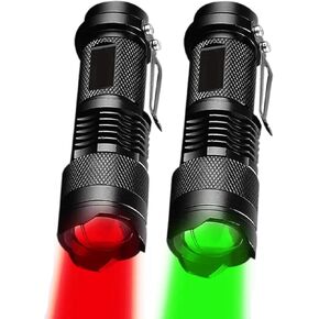 MODOAO 2 Pack Mini Flashlight with Clip Green/Red/Blue Light LED Flashlight with 3 Modes Light Focus Zoomable for Camping, Hiking, Night Vision (blue and red)