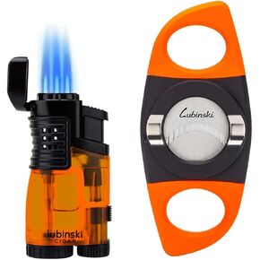LUBINSKI Torch Lighter and Cigar Cutter Gift Set, Multifunction 3 Jet Butane Lighter with Punch, Security Lock, Top Lid with Cigar Stand, Stainless Steel 28mm Cutter with Cigar Stand (Blue)