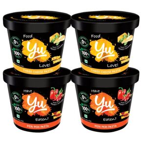 All Natural Pasta Cups - Freeze Dried Food - Pack of 4 - No Preservatives - 100% Natural Ingredients & Vegetarian - Ready to Eat Meals in 4 mins - 800 GMS (2 Creamy Tomato + 2 Peri Peri) - Yu Foodlabs