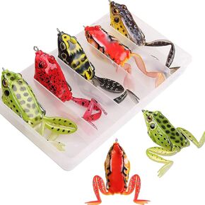 Topwater Frog Lures,Soft Freshwater Fishing Lure Kit Hollow Body Frog Lure with Double Sharp Hooks Tackle Box for Bass Pike Snakehead Dogfish 5 Colors