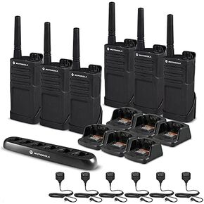6 x Motorola RMM2050 On-Site 2-Way Radio (RMM2050) + Motorola 6 Bank Charger + 6 x HKLN4606 Remote Speaker Mic - 6 Pack with Mics Bundle