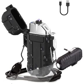 Waterproof Lighter with Flashlight,USB Rechargeable Flameless Lighter with Survival Whistle & Lanyard,Plasma Electric Lighter, Camping Tactical Gear(Black