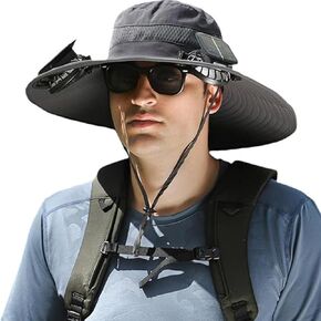 Men's Wide Brim Solar Fan Outdoor Fishing Hat in Grey - includes 2 Solar Fans