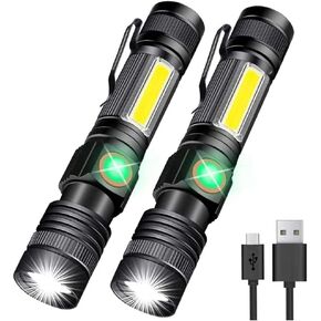 Flashlight Rechargeable USB TAC LED Flashlight Pack -2 Super Bright 2000LM, Compact Tactical Flashlights with High Lumens for Outdoor Activity & Emergency Use - Best Gifts for Men & Women - Black