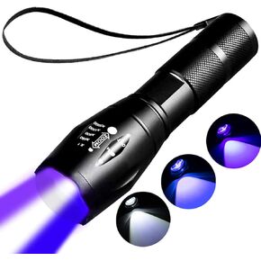 Rechargeable Black light flashlight mini，blue light flashlight rechargeable，black light flashlight for hunting，LED UV Torch 3 in 1 UV Black Light and Blue Light and White Lights，3 Modes.