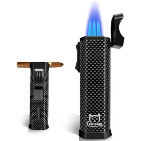 Carbon Fibre Texture Triple Jet Flame Torch Cigar Lighter with Cigar Punch | Cigar Holder | Gas Window | Refillable Butane