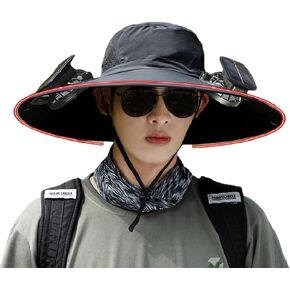 Wide Brim Sun Hat with Fans, Upf50+ Fisherman Hat for Hiking/Fishing/Camping, Solar & USB Dual Mode Fan Hat, NO Brim Drooping