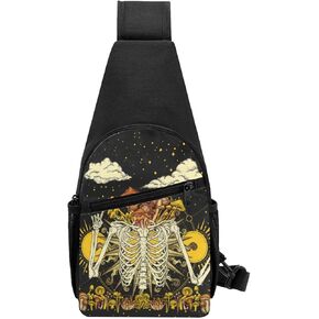 FREEHOTU Mushroom Skeleton Burning Sun Plants Sling Backpack Travel Daypack Chest Bag Crossbody Shoulder Bag