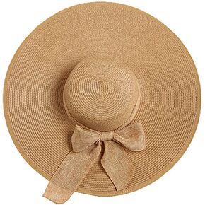 1PC Women Foldable Floppy Beach Cap Wide Brim Sun Protection Straw Hat Big Bowknot Summer Sun Hat UPF 50+ (Khaki)