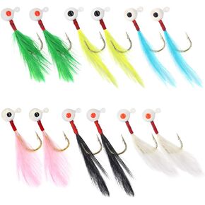 12 Piece Crappie jig Head Fishing Lure Hook with Feather Fly Fishing Panfish Sunfish Hair Jig Bait 1/16oz