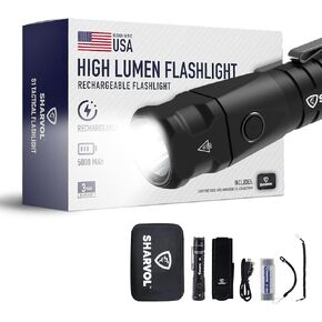 Rechargeable Tactical Flashlight with Battery High Lumens Rechargeable Flashlights - 21000 Candela, 1900 Lumens with 5000 mAh Long Lasting Cell