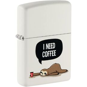 Zippo Lighter: I Need Coffee, Sloth - White Matte 48649