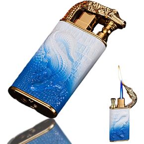 Double Flame Lighter, Windproof Lighter, Creative Embossed Crocodile Gas Lighter, Cool Dual Flame Lighter, Butane Torch Lighter Refillable, Men's Lighter Unique Gift (No Gas) (White and Blue)