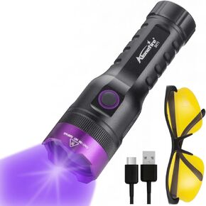 ALONEFIRE SV71 365nm UV Flashlight Strong 15W USB Rechargeable Black Light Money Detector for Resin Curing, Pet Urine, Scorpion, Fishing, Mineral, Rocks, Cure Glue with UV Protective Glasses, Battery
