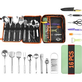 Camping Cooking Utensil Set 16 PCS Camp Kitchen Utensils Kit with Organizer Case Bag, Portable RV Camping Cooking Essentials Accessories for Cookouts Stainless Steel in Kuwait