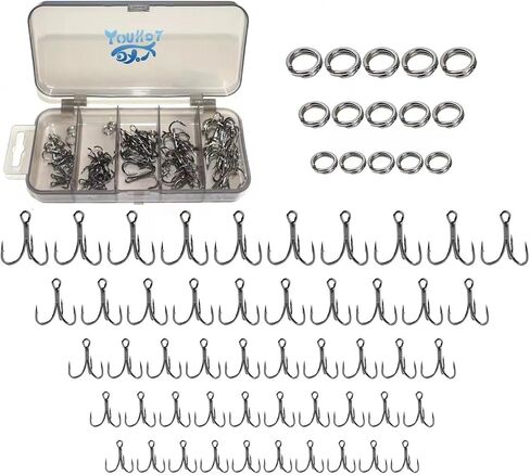 50psc High Carbon Steel Treble Hooks and 15 pcs for Split Rings for Fishing Lures in Saudi Arabia