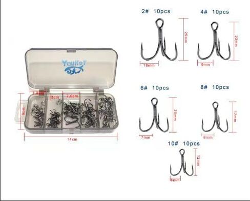 50psc High Carbon Steel Treble Hooks and 15 pcs for Split Rings for Fishing Lures in Saudi Arabia