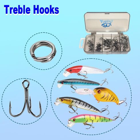 50psc High Carbon Steel Treble Hooks and 15 pcs for Split Rings for Fishing Lures in Saudi Arabia