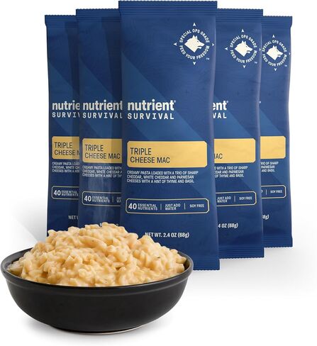 Nutrient Survival MRE Triple Cheese Mac, Ready to Eat Meals (5 Single Servings) Freeze Dried Prepper Supplies & Emergency Food Supply, 40 Essential Nutrients, Shelf Stable Up to 15 Years in Saudi Arabia