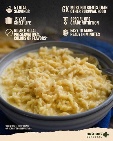 Nutrient Survival MRE Triple Cheese Mac, Ready to Eat Meals (5 Single Servings) Freeze Dried Prepper Supplies & Emergency Food Supply, 40 Essential Nutrients, Shelf Stable Up to 15 Years in Saudi Arabia