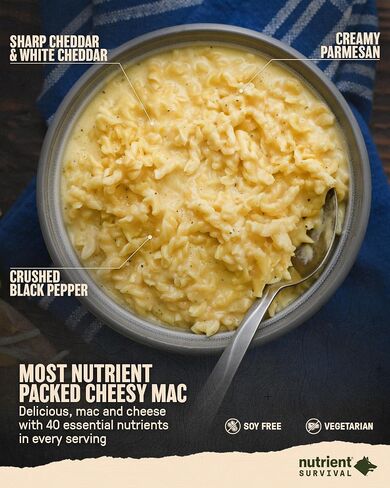 Nutrient Survival MRE Triple Cheese Mac, Ready to Eat Meals (5 Single Servings) Freeze Dried Prepper Supplies & Emergency Food Supply, 40 Essential Nutrients, Shelf Stable Up to 15 Years in Saudi Arabia