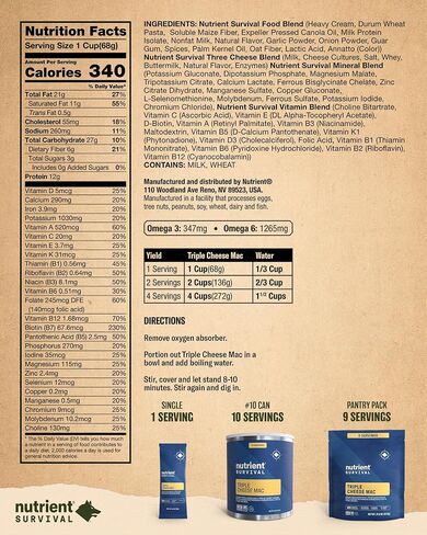 Nutrient Survival MRE Triple Cheese Mac, Ready to Eat Meals (5 Single Servings) Freeze Dried Prepper Supplies & Emergency Food Supply, 40 Essential Nutrients, Shelf Stable Up to 15 Years in Saudi Arabia