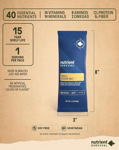 Nutrient Survival MRE Triple Cheese Mac, Ready to Eat Meals (5 Single Servings) Freeze Dried Prepper Supplies & Emergency Food Supply, 40 Essential Nutrients, Shelf Stable Up to 15 Years in Saudi Arabia