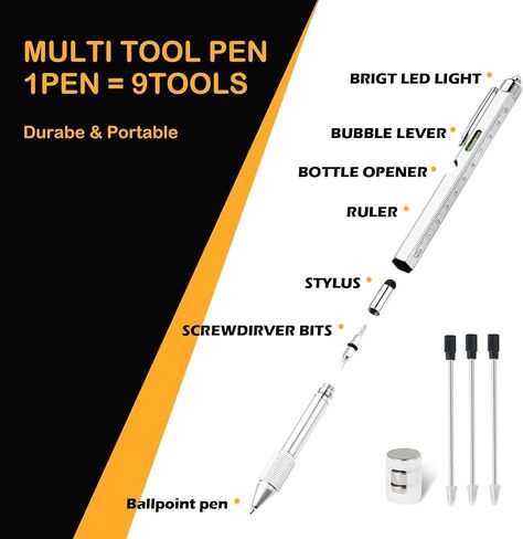 Dad Gifts for Men,Unique Gifts for Men,Multi-Tool Pen Set,Multitool pen with LED Pen Light, Stylus, Ruler, Level, Bottle Opener, Screwdriver, Ballpoint (Yellow) in Saudi Arabia