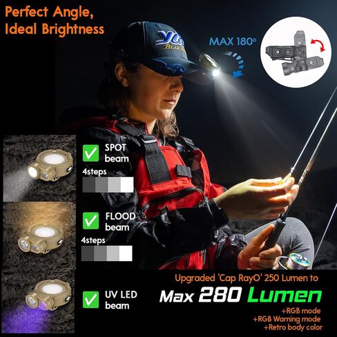 مصباح LED فائق السطوع 280 لومن، مصباح يدوي بالأشعة فوق البنفسجية RGB، خفيف الوزن، مشبك على القبعة، قابل لإعادة الشحن USB-C مقاوم للماء، متين، أفضل للتخييم والمشي لمسافات طويلة والجري والصيد CapRayO pro in Saudi Arabia
