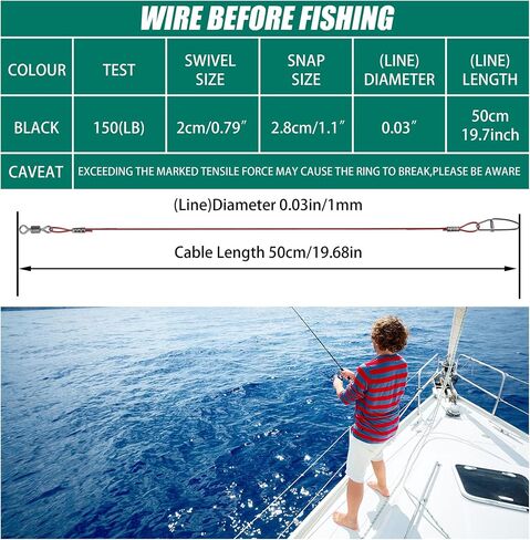 20PCS Fishing Leader Wire,150LB High Strenght Fishing Stainless Steel Wire Leader with Swivel Snaps Connect Tackle Lure Rig and Hooks 19.7inch in Saudi Arabia
