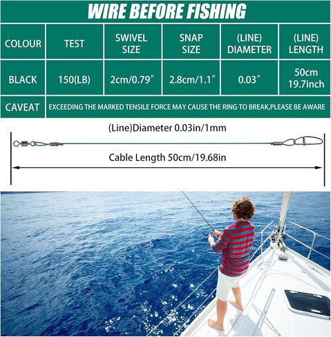 20PCS Fishing Leader Wire,150LB High Strenght Fishing Stainless Steel Wire Leader with Swivel Snaps Connect Tackle Lure Rig and Hooks 19.7inch in Saudi Arabia