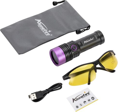 ALONEFIRE SV53 15 وات 365 نانومتر مصباح يدوي للأشعة فوق البنفسجية USB قابل لإعادة الشحن بالأشعة فوق البنفسجية للكشف عن بول الحيوانات الأليفة بالضوء الأسود لعلاج الراتنج وصيد الأسماك والعقرب والغراء الجاف والمعادن مع نظارات واقية للأشعة فوق البنفسجية، وشمل in Kuwait