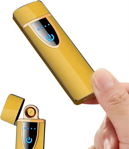 YOZWOO Mini Electric Lighter Plasma Flameless Rotary Arc Lighter USB Rechargeable Torch Lighter Smart Ignition Lighter Metal Slim Lighter with LED Indicator.（Gold in Saudi Arabia
