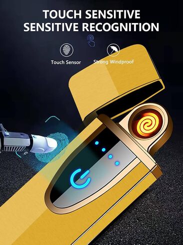 YOZWOO Mini Electric Lighter Plasma Flameless Rotary Arc Lighter USB Rechargeable Torch Lighter Smart Ignition Lighter Metal Slim Lighter with LED Indicator.（Gold in Saudi Arabia