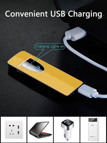 YOZWOO Mini Electric Lighter Plasma Flameless Rotary Arc Lighter USB Rechargeable Torch Lighter Smart Ignition Lighter Metal Slim Lighter with LED Indicator.（Gold in Saudi Arabia
