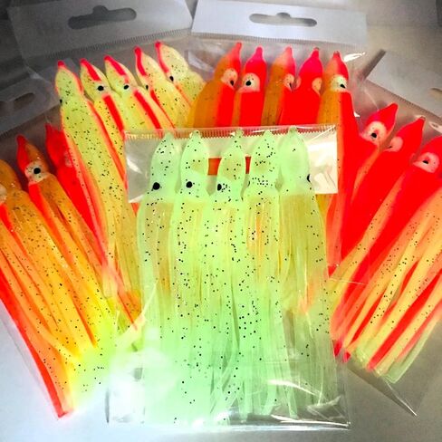 St. Pete 4"/10cm Glow Soft Plastic Octopus Squid Skirt Fishing Lures Hoochies Trolling Jigging Saltwater Freshwater Lure Set for Bass Salmon Trout Fluke Sets of 25 or 50 in Saudi Arabia